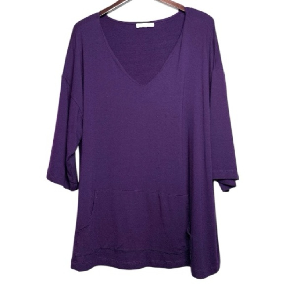Bryn Walker Deep Purple V-Neck Tunic Top XL EUC Stretch Rayon Boho Lagenlook